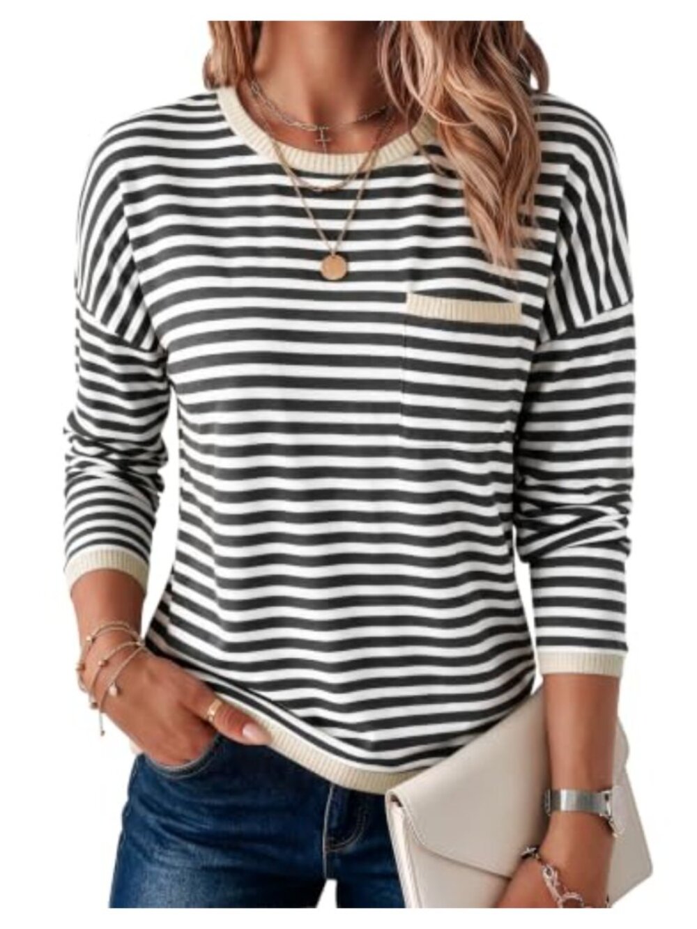 Oversized Striped Crewneck Sweater Lightweight Cotton Pullover